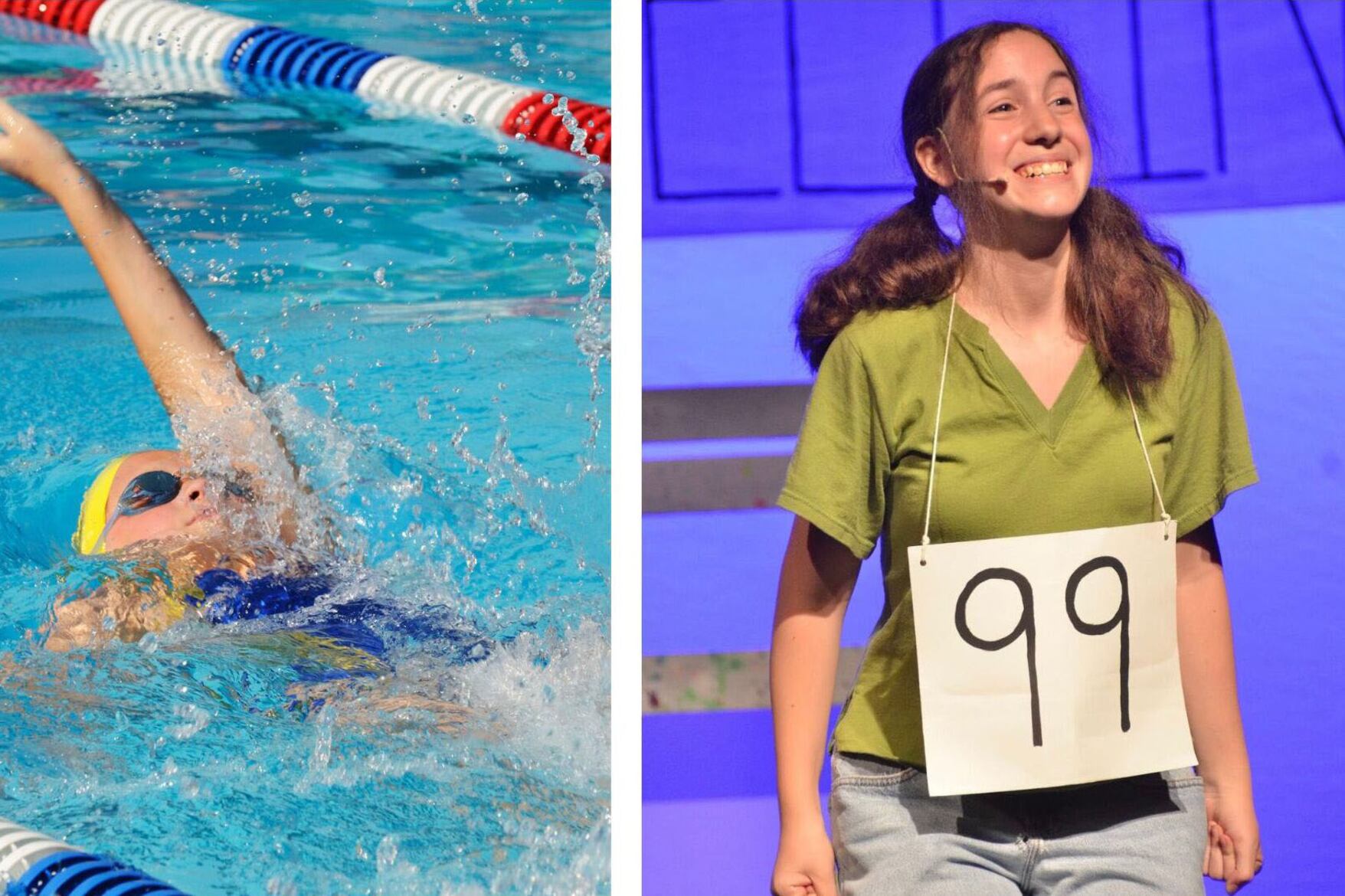 Left, A young person swimming in a pool and right, a photo of a student with long dark hair in two ponytails and wearing a green shirt and a white sign with black numbers reading "99" around her neck during a competition.