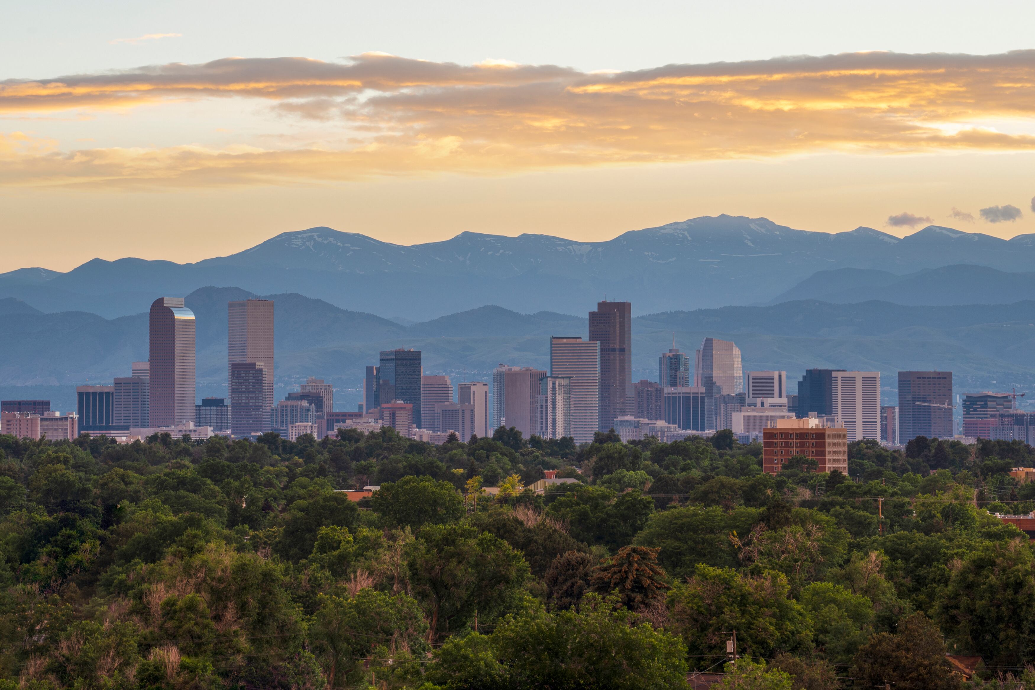 The Denver skyline sits in the middle of the frame with green trees in the foreground, blue mountains and a yellow sky in the background.