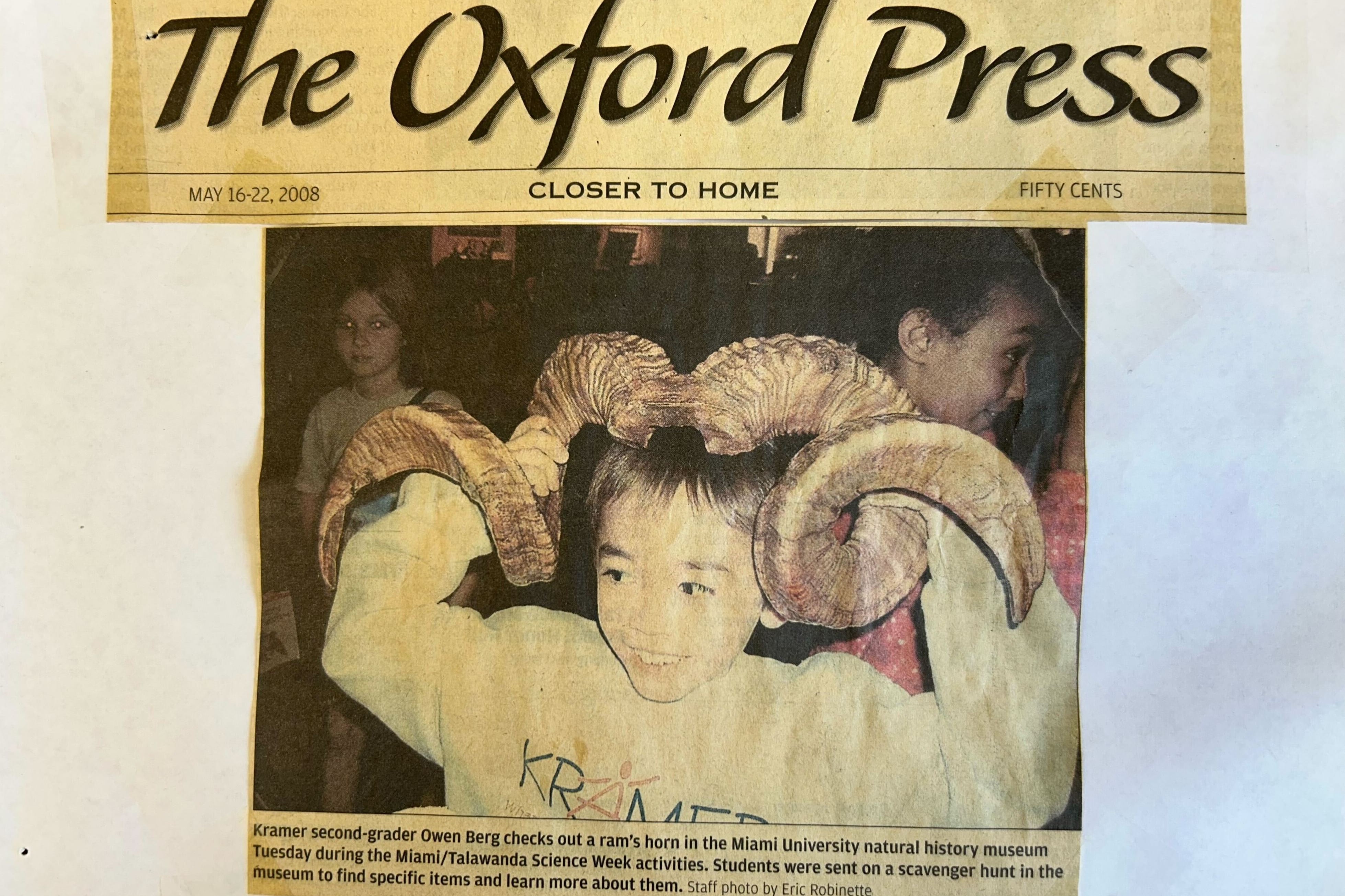 Owen Berg on the front page of The Oxford Press in 2008.